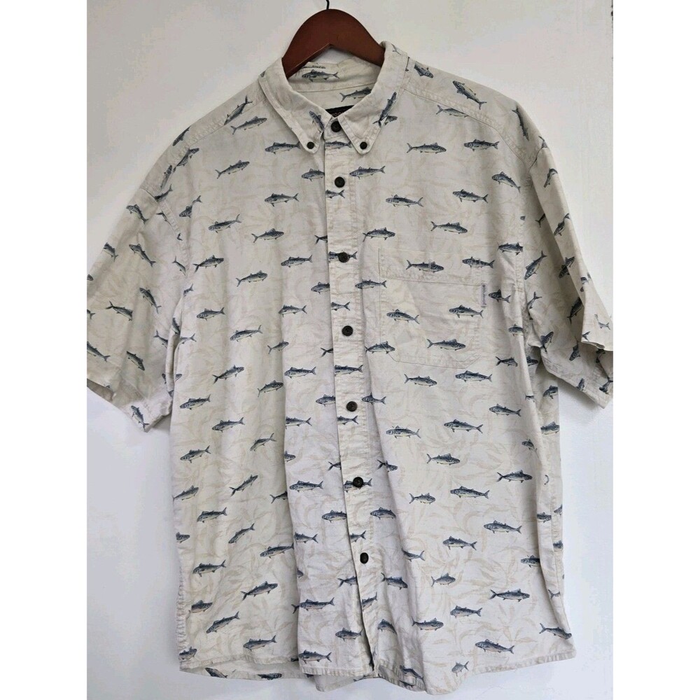 Vintage Woolrich Shirt Mens XL Short Sleeve Fishing Fish Cotton Ocean Tuna